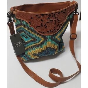 Myra Handbag Blue Spring Hand Tooled Leather Blue/Grn/Yello Woven Purse S-4387